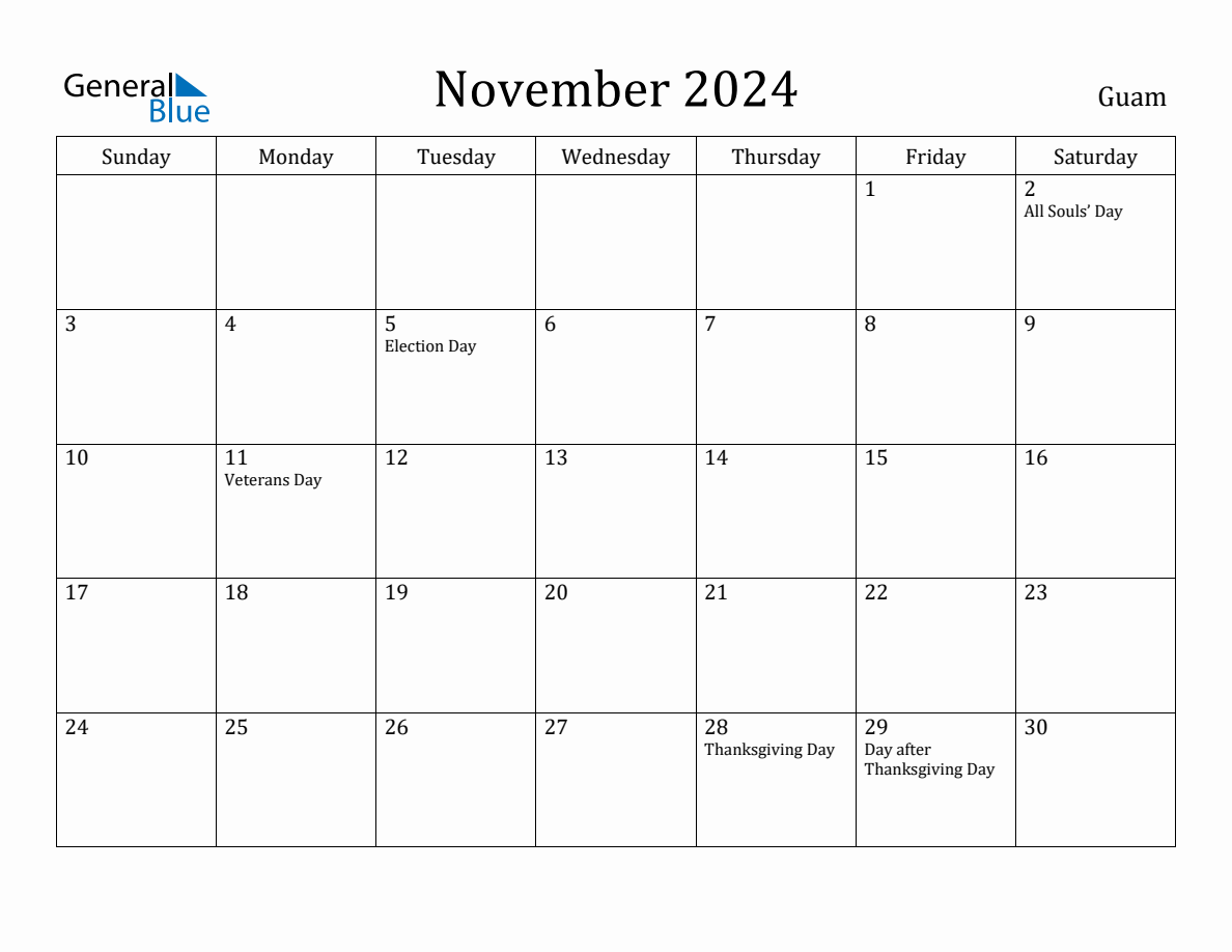 November 2024 Monthly Calendar with Guam Holidays