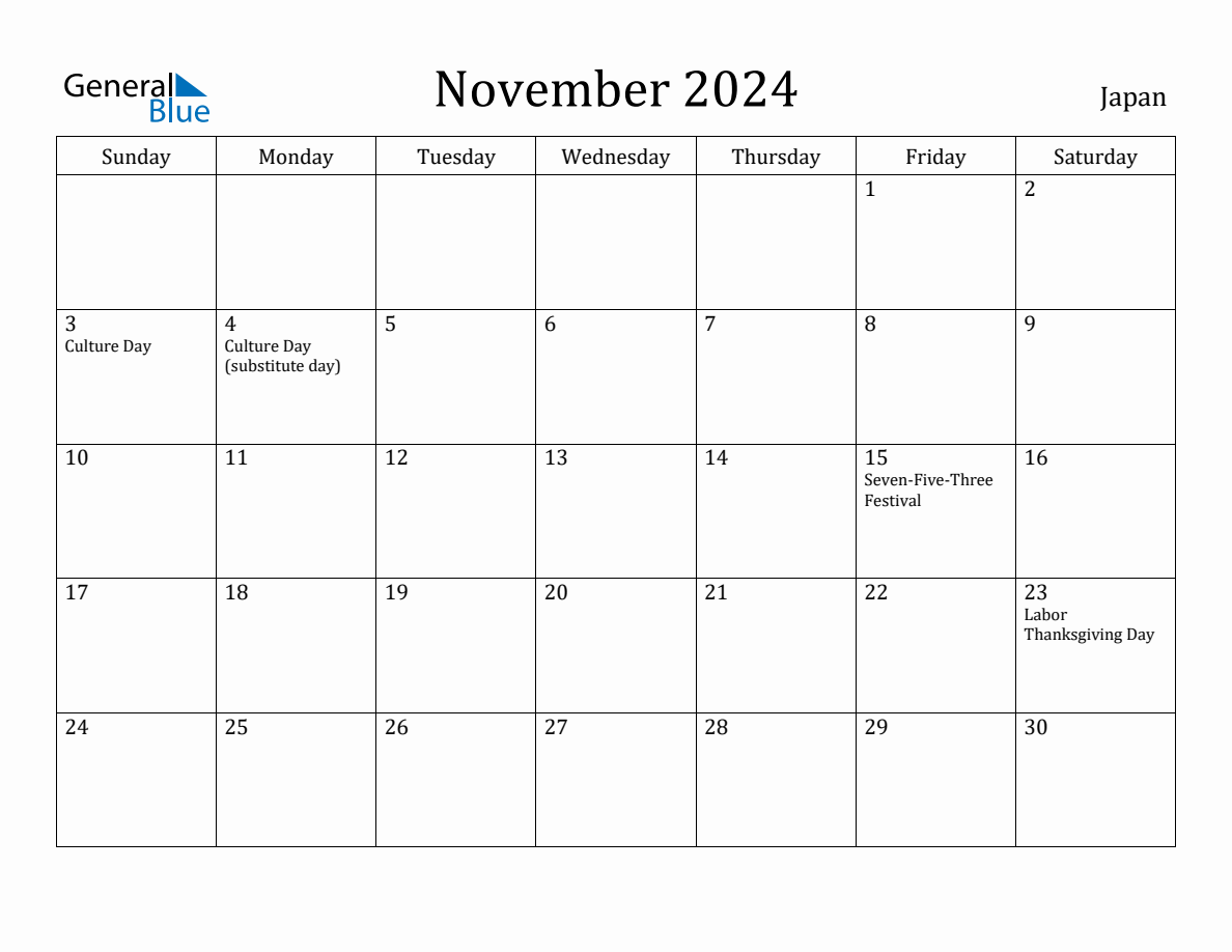 November 2024 monthly calendar with holidays in Japan