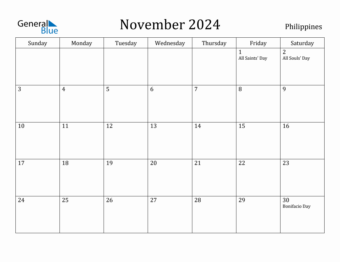 November 2024 monthly calendar with holidays in Philippines