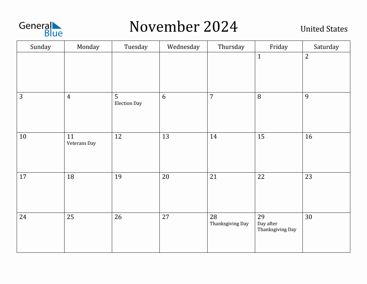 November 2024 Monthly Calendar with United States Holidays