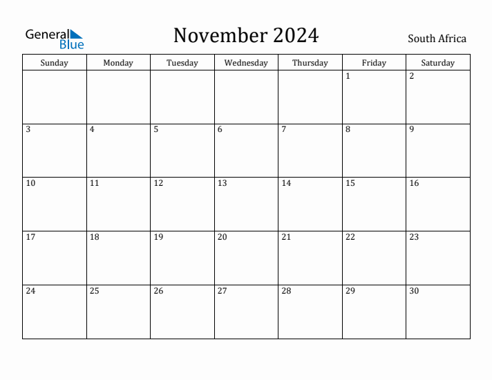 November 2024 Monthly Calendar with South Africa Holidays