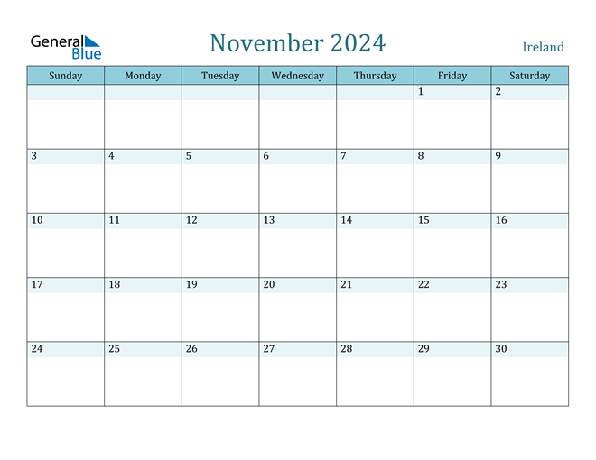 Ireland November 2024 Calendar with Holidays