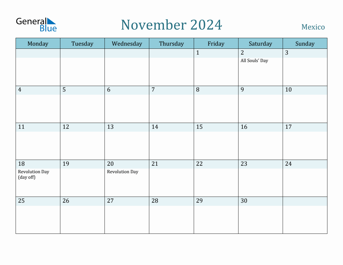 Mexico Holiday Calendar for November 2024