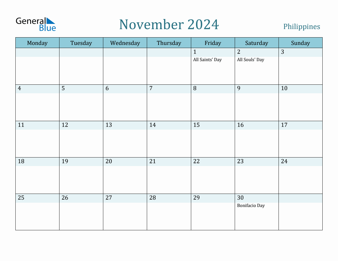 Philippines Holiday Calendar for November 2024