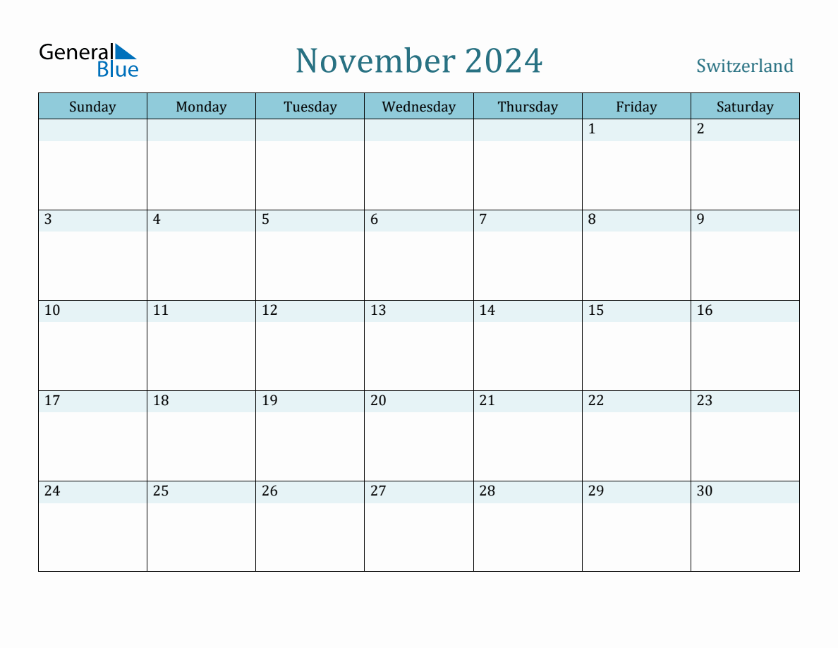 Switzerland Holiday Calendar for November 2024
