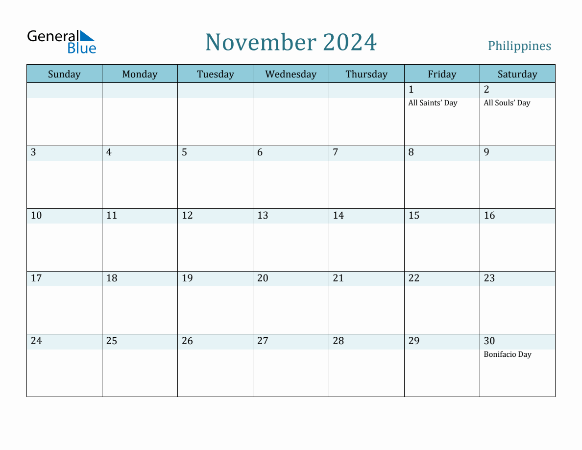 Philippines Holiday Calendar for November 2024