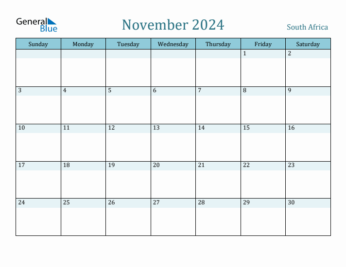 November 2024 Monthly Calendar With South Africa Holidays