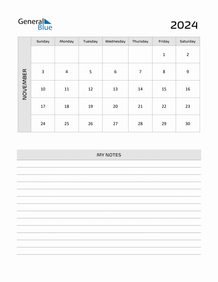 November 2024 Printable Monthly Calendar with Notes