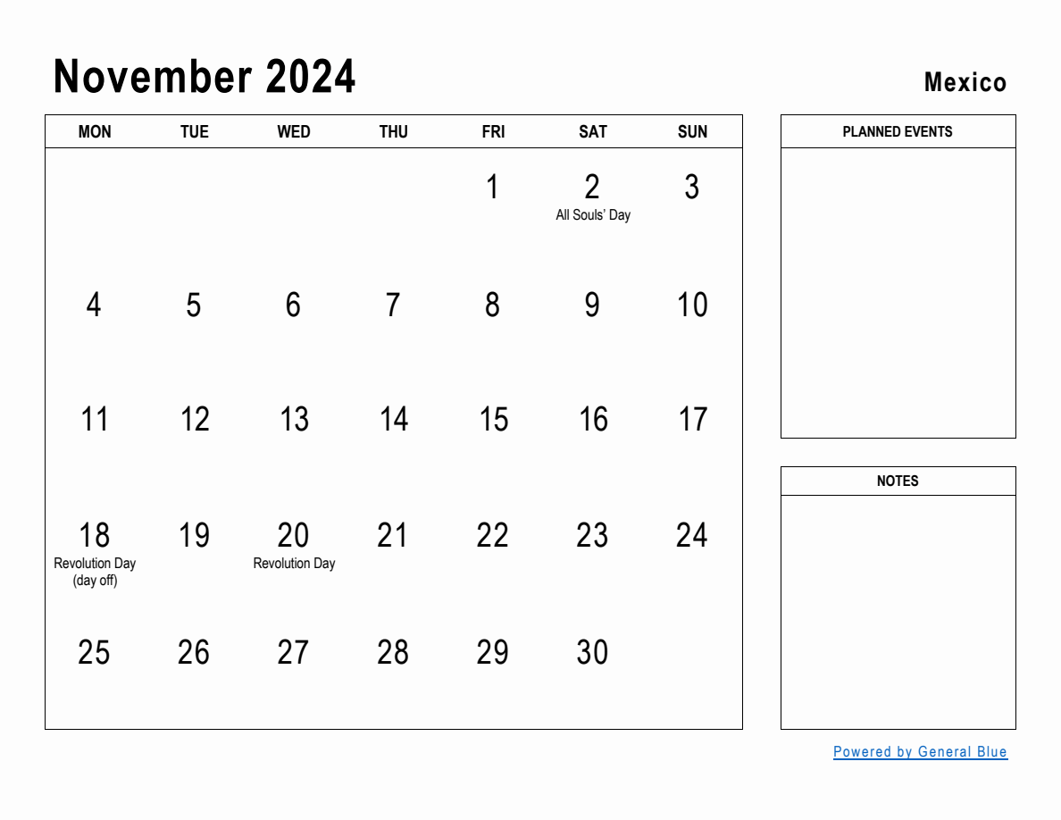 November 2024 Planner with Mexico Holidays