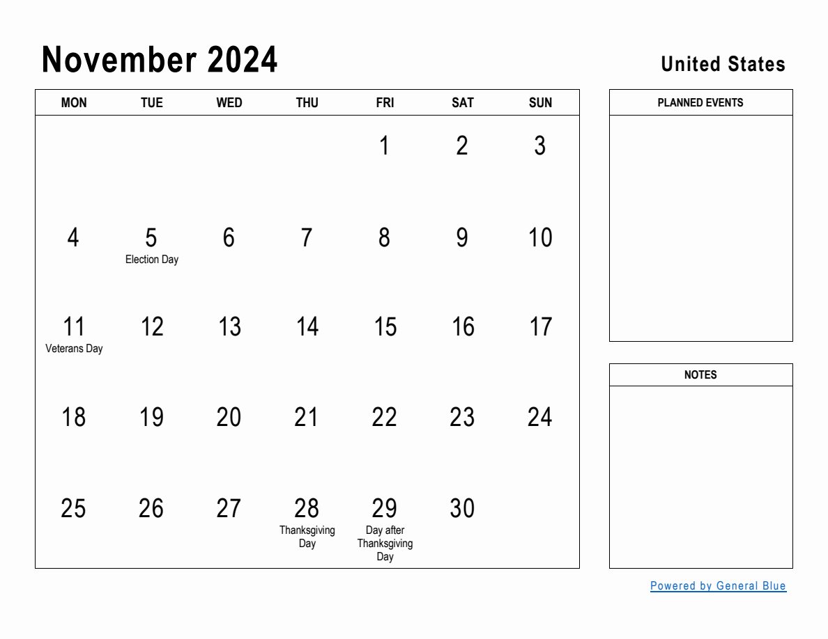 November 2024 Planner with United States Holidays