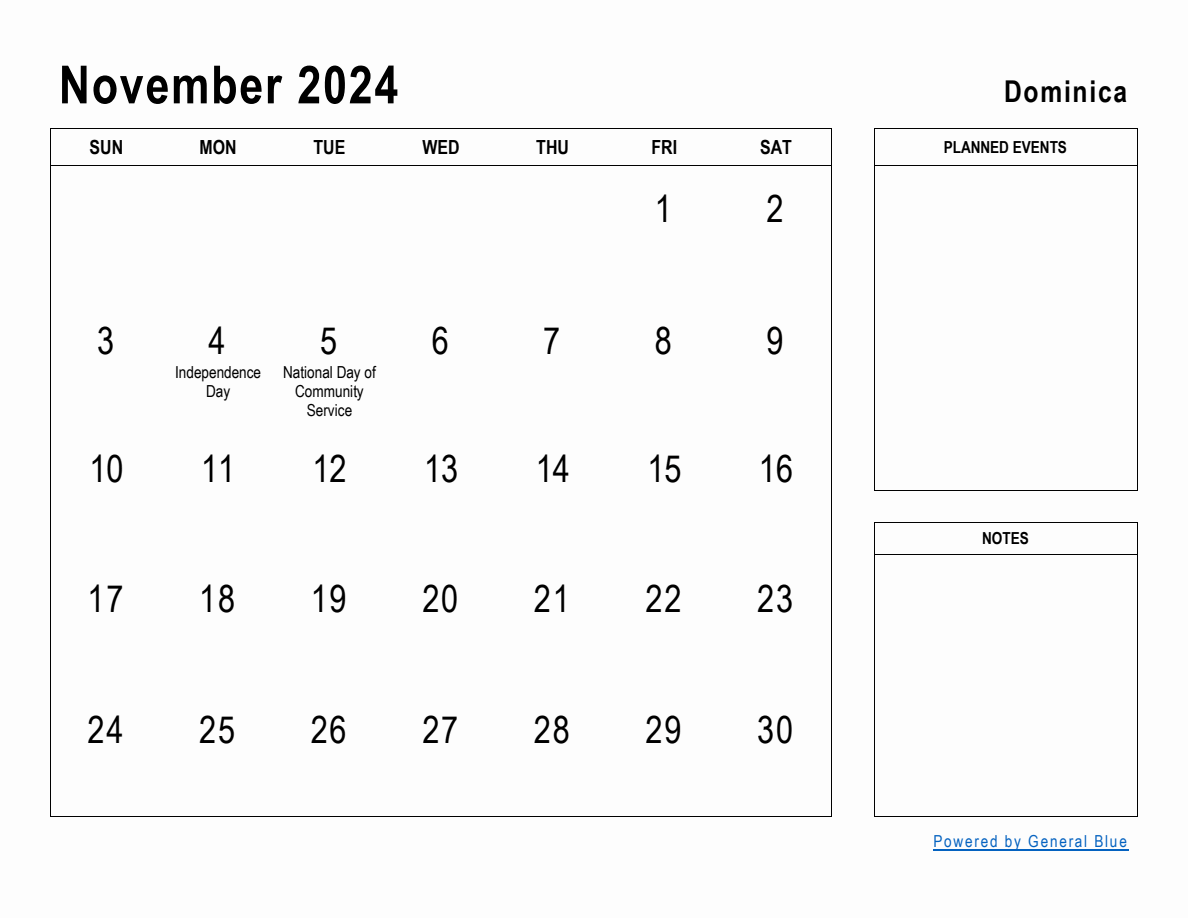 November 2024 Planner With Dominica Holidays