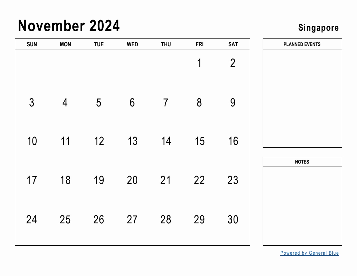 November 2024 Planner with Singapore Holidays