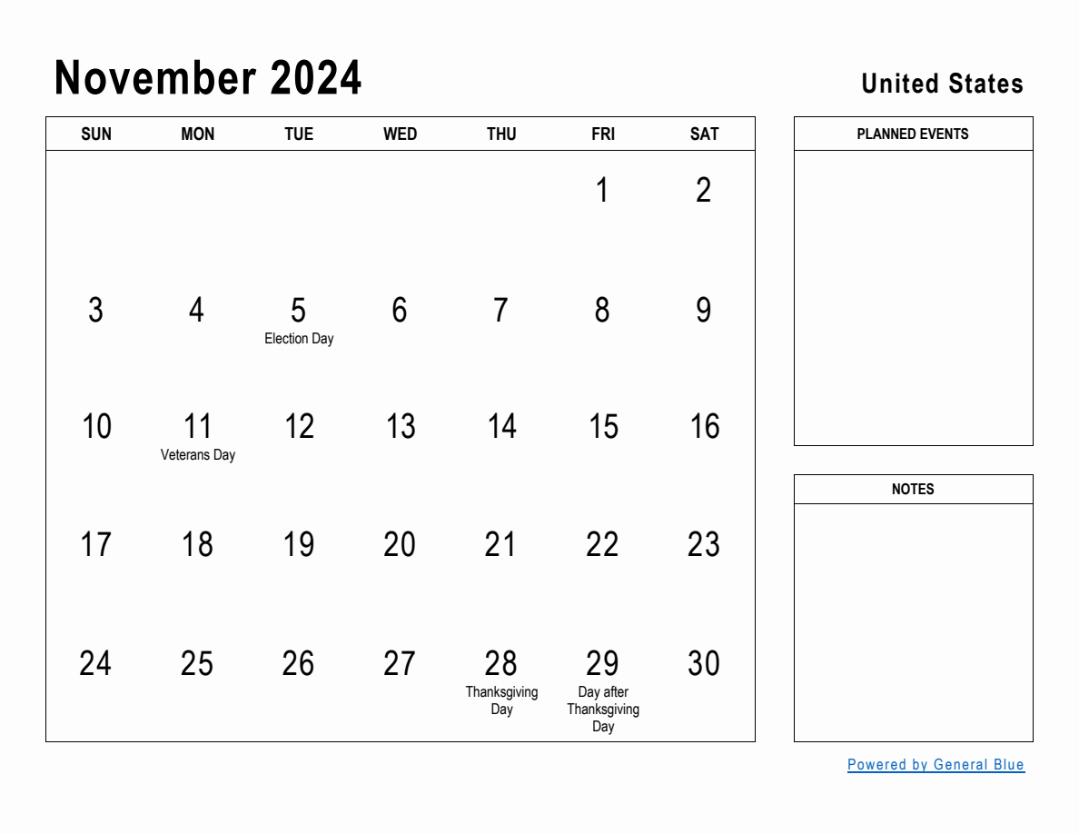 November 2024 Planner with United States Holidays