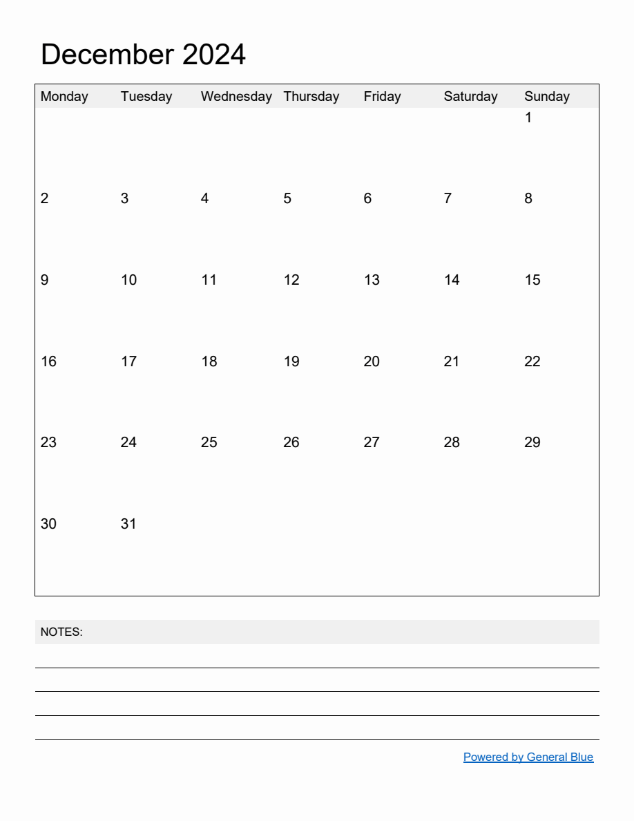 Free Printable Monthly Calendar for December 2024