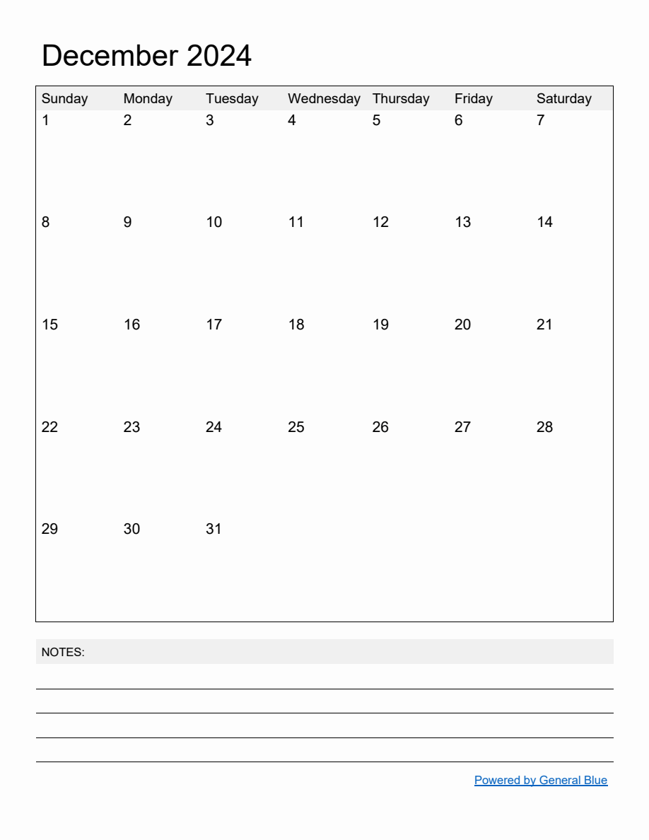 Free Printable Monthly Calendar for December 2024