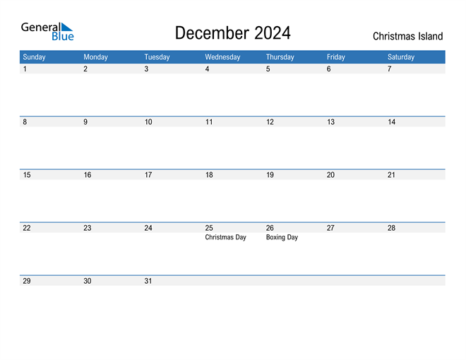 Christmas Island December 2024 Calendar with Holidays