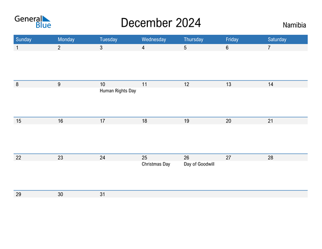 December 2024 Calendar with Namibia Holidays