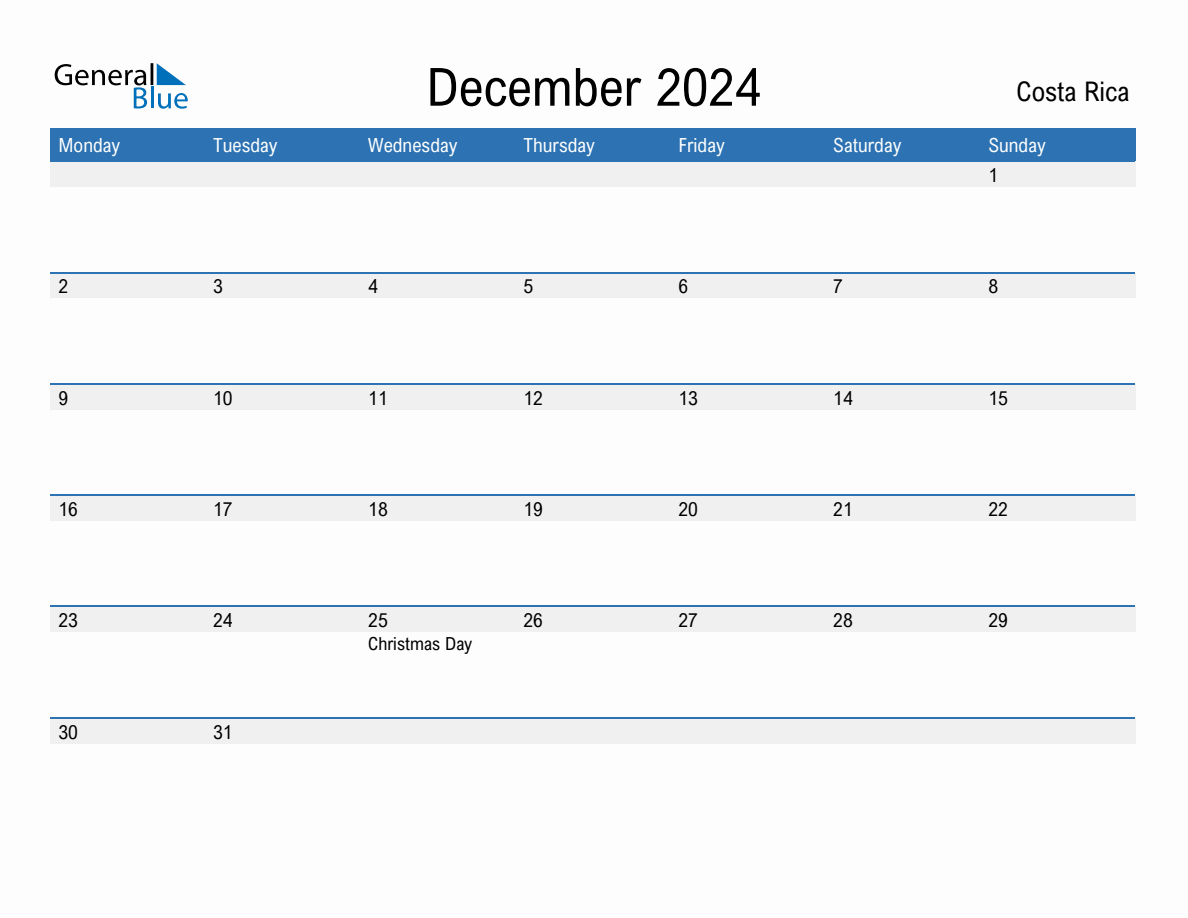 Editable December 2024 Calendar with Costa Rica Holidays