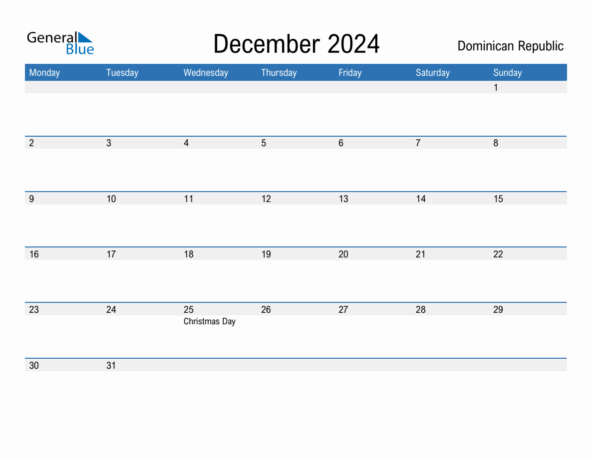 Editable December 2024 Calendar with Dominican Republic Holidays