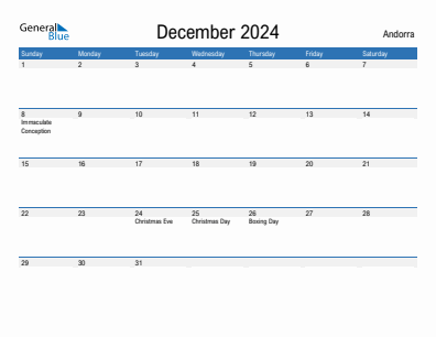 Current month calendar with Andorra holidays for December 2024