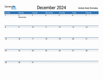 Current month calendar with United Arab Emirates holidays for December 2024