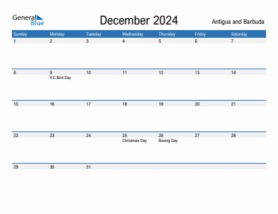 Current month calendar with Antigua and Barbuda holidays for December 2024