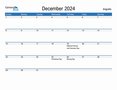 Current month calendar with Anguilla holidays for December 2024