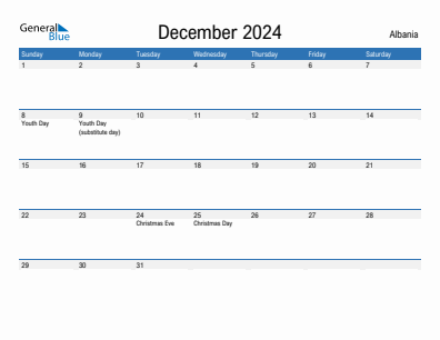 Current month calendar with Albania holidays for December 2024