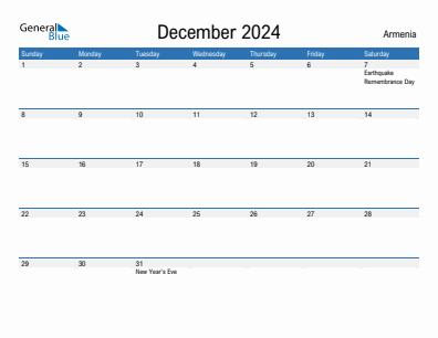 Current month calendar with Armenia holidays for December 2024