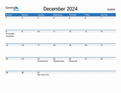 Current month calendar with Austria holidays for December 2024