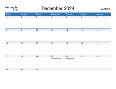 Current month calendar with Australia holidays for December 2024