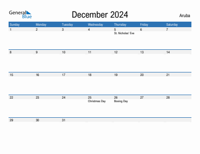 Current month calendar with Aruba holidays for December 2024