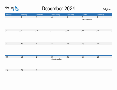 Current month calendar with Belgium holidays for December 2024