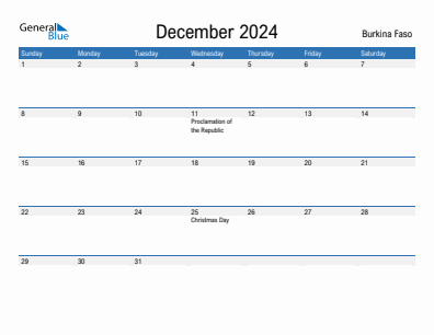 Current month calendar with Burkina Faso holidays for December 2024