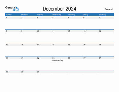 Current month calendar with Burundi holidays for December 2024