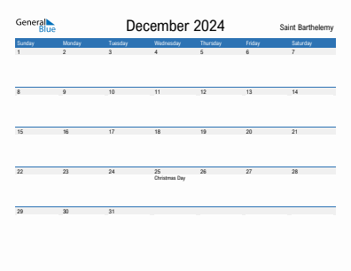 Current month calendar with Saint Barthelemy holidays for December 2024