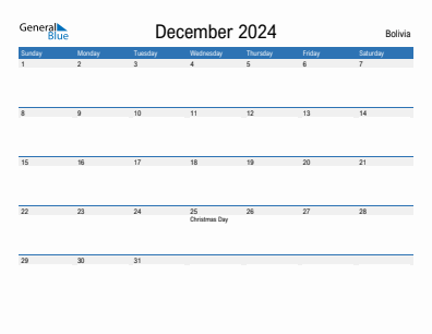 Current month calendar with Bolivia holidays for December 2024