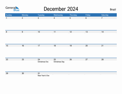 Current month calendar with Brazil holidays for December 2024