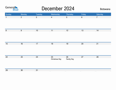 Current month calendar with Botswana holidays for December 2024