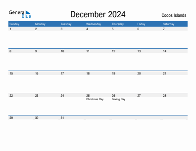 Current month calendar with Cocos Islands holidays for December 2024