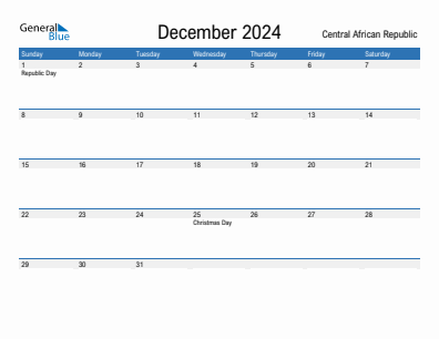 Current month calendar with Central African Republic holidays for December 2024