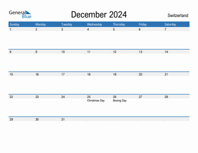 Current month calendar with Switzerland holidays for December 2024