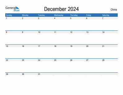 Current month calendar with China holidays for December 2024