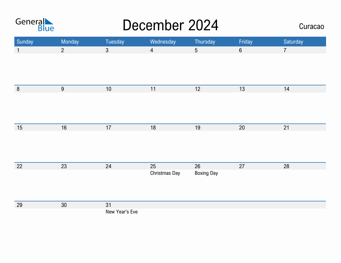 December 2024 Monthly Calendar with Curacao Holidays