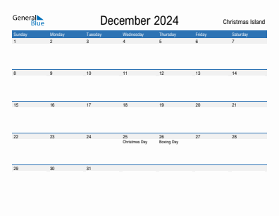 Current month calendar with Christmas Island holidays for December 2024