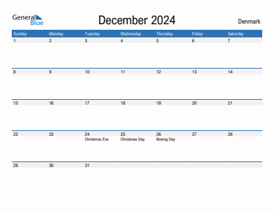 Current month calendar with Denmark holidays for December 2024