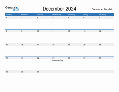 Current month calendar with Dominican Republic holidays for December 2024