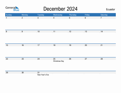 Current month calendar with Ecuador holidays for December 2024