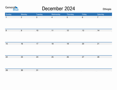 Current month calendar with Ethiopia holidays for December 2024