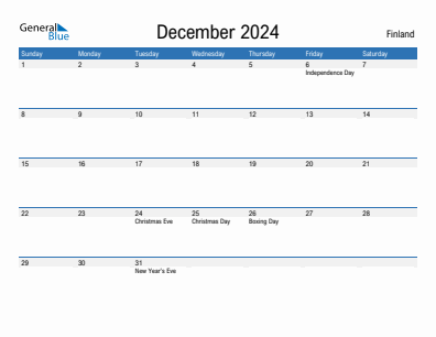 Current month calendar with Finland holidays for December 2024